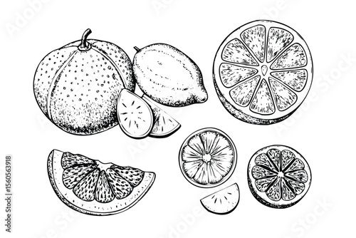 Citrus Fruits Vector Engraving Set. Detailed Monochrome Botanical Illustrations of Lemon and Orange. Vintage Stipple & Hatching Style
