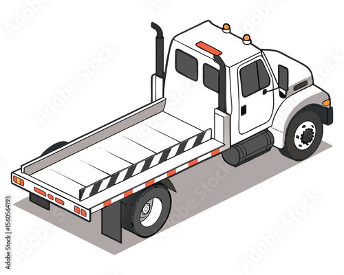 Isometric view of a flatbed tow truck in white color with diagonal hazard markings designed for use in emergency vehicle recovery and towing operations.