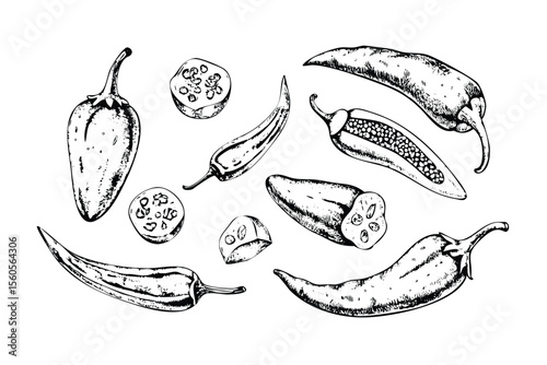 Chili Pepper Varieties Vector Engraving Set. Detailed Monochrome Illustrations of Hot Peppers. Vintage Botanical Style