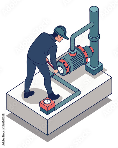 Isometric cartoon vector of a maintenance worker servicing industrial water pump equipment inside a facility for building infrastructure upkeep, isolated scene.