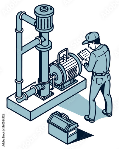 
Isometric view of a technician inspecting and maintaining large industrial water pumps as part of a building utilities management system, isolated on white.
