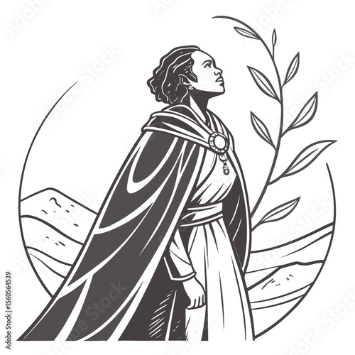 Illustration of a woman in a cloak with a brooch looking up next to a plant and mountains in the background