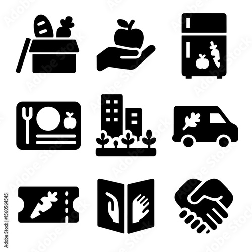Food Equity Icons. Solid, Filled icon set of food distribution equity: food bank box, donation hand, community fridge, school meal