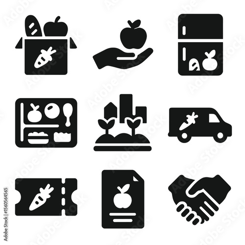 Food Equity Icons. Solid, Filled icon set of food distribution equity: food bank box, donation hand, community fridge, school meal