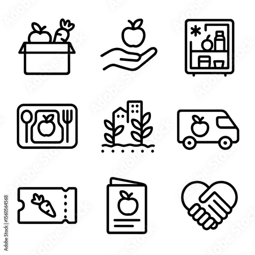Food Equity Icons. Outline icon set of food distribution equity: food bank box, donation hand, community fridge, school meal tray,