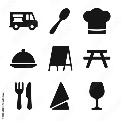 Food Festival Icons. Solid, filled icon set of food festivals: food truck, tasting spoon, chef hat, dish plate, menu board, picnic