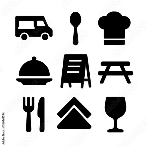 Food Festival Icons. Solid, filled icon set of food festivals: food truck, tasting spoon, chef hat, dish plate, menu board, picnic
