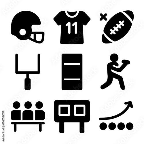 Football Icon Set. Solid, filled icon set of football team: football helmet, player number, touchdown icon, goalpost, field lines,