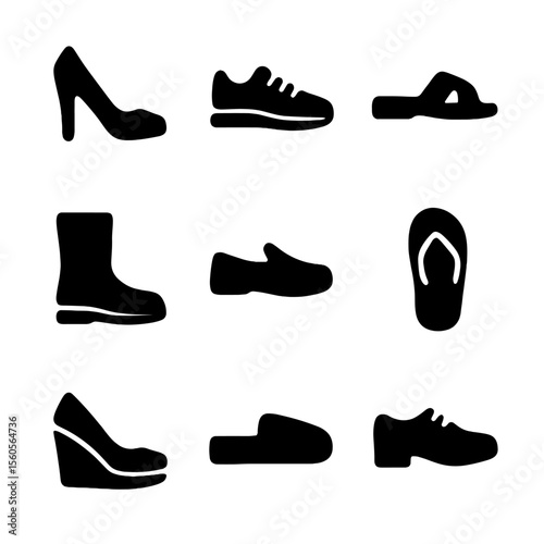 Footwear Icons Grid. Solid, filled icon set of footwear selection: high heels, sneakers, sandals, boots, loafers, flip-flops,