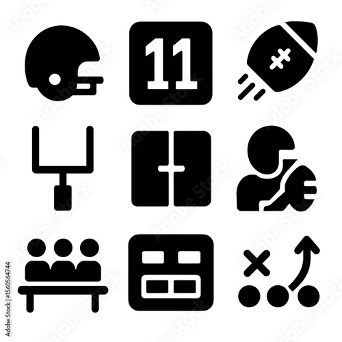 Football Icon Set. Solid, filled icon set of football team: football helmet, player number, touchdown icon, goalpost, field lines,