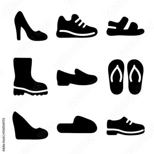Footwear Icons Grid. Solid, filled icon set of footwear selection: high heels, sneakers, sandals, boots, loafers, flip-flops,