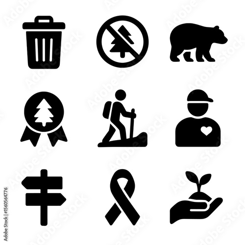 Forest Conservation Icons. Solid, filled icon set of forest conservation and respect: trash bin, leave no trace, wildlife
