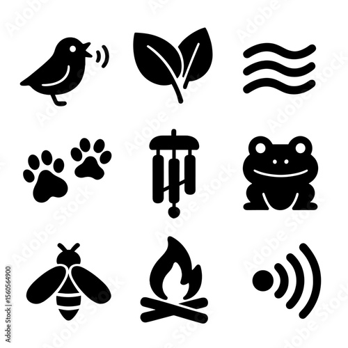 Forest Sounds Icons. Solid, filled icon set of forest sounds and nature: bird singing, rustling leaves, flowing water, animal