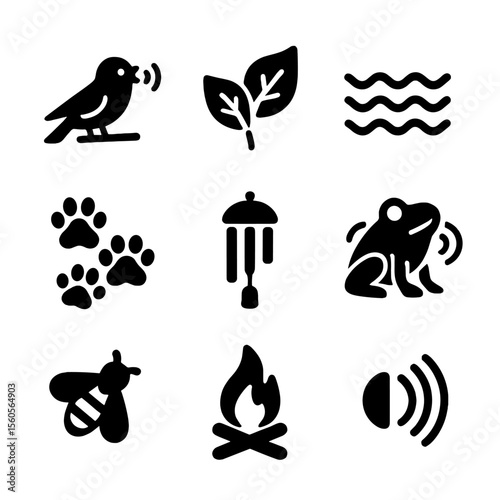 Forest Sounds Icons. Solid, filled icon set of forest sounds and nature: bird singing, rustling leaves, flowing water, animal