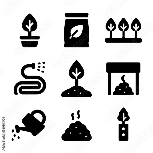 Forest Regeneration Icons. Solid, filled icon set of forest regeneration methods: nursery tree, seed bag, sapling row, irrigation
