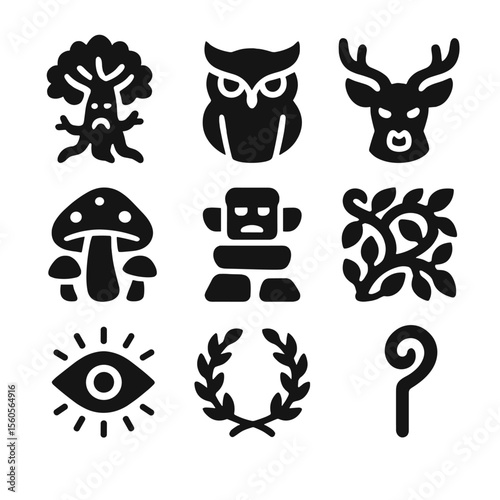 Forest Guardian Icons. Solid, filled icon set of forest guardians: ancient tree spirit, owl sentinel, stag protector, mushroom