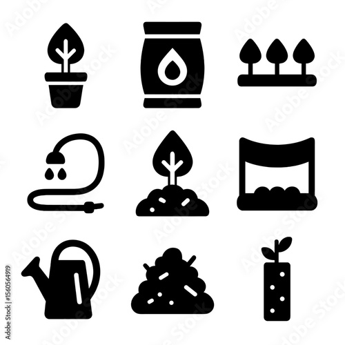 Forest Regeneration Icons. Solid, filled icon set of forest regeneration methods: nursery tree, seed bag, sapling row, irrigation