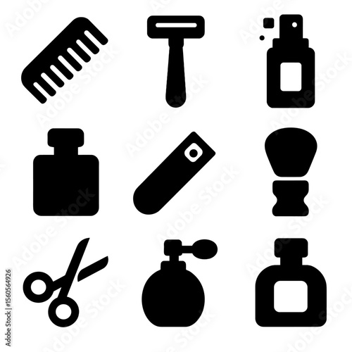 Formal Grooming Icons. Solid, filled icon set of formal grooming tools: comb, shaving razor, hair spray, cologne bottle, nail