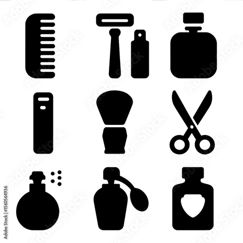 Formal Grooming Icons. Solid, filled icon set of formal grooming tools: comb, shaving razor, hair spray, cologne bottle, nail