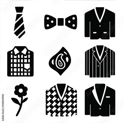 Formal Wear Icons. Solid, filled icon set of formal wear colors and patterns: striped tie, polka dot bow tie, solid suit, checked