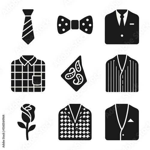 Formal Wear Icons. Solid, filled icon set of formal wear colors and patterns: striped tie, polka dot bow tie, solid suit, checked