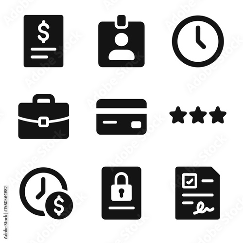 Freelancing Icon Set. Solid, filled icon set of freelancing life: invoice, freelancer ID, clock-in, portfolio case, payment card,