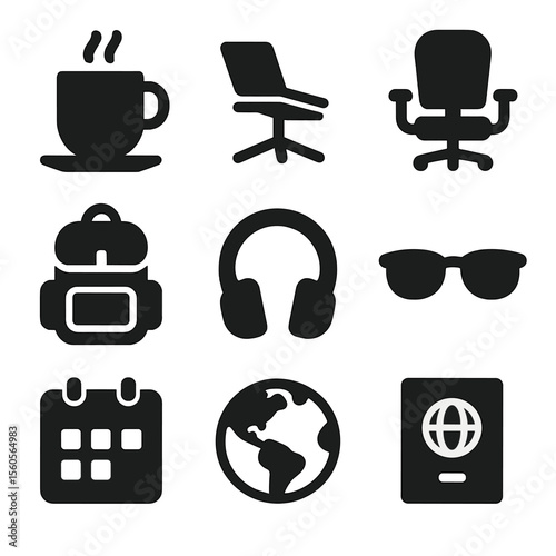 Freelancer's Essential Icons. Solid, filled icon set of freelancing lifestyle: coffee cup, laptop stand, ergonomic chair, backpack