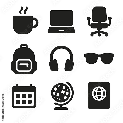 Freelancer's Essential Icons. Solid, filled icon set of freelancing lifestyle: coffee cup, laptop stand, ergonomic chair, backpack
