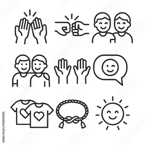 Friendship Icon Set. Outline icon set of friendship moments: high-five, fist bump, shared laugh, arm around shoulder, cheering