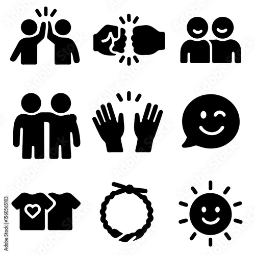 Friendship Icon Set. Solid, Filled icon set of friendship moments: high-five, fist bump, shared laugh, arm around shoulder,
