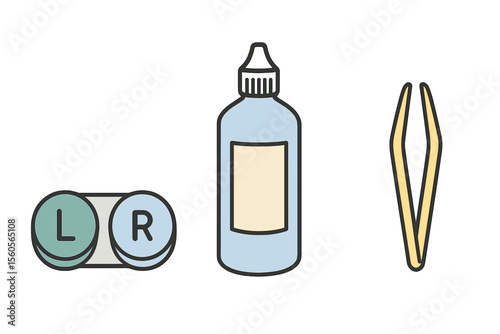 Contact lens care kit with case, solution bottle, and tweezers vector icon isolated illustration