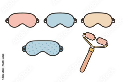 Eye masks and face roller set for relaxation and skincare vector icon isolated illustration