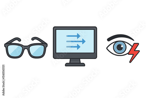 Blue light glasses, computer screen, eye with lightning bolt icon on dark background vector icon isolated illustration