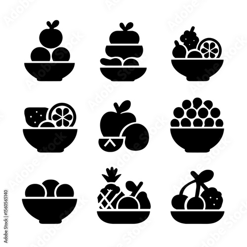 Fruit Icon Grid. Solid, filled icon set of fruit bowl arrangements: stacked fruits, layered colors, mixed cut fruit, artistic