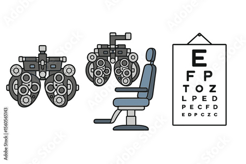 Optometry equipment and eye chart in exam room illustration vector icon isolated illustration