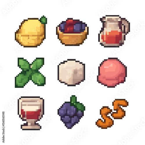 Fruit Dessert Icons. Pixel art icon set of dessert fruit infusions: lemon sorbet, berry compote, fruit coulis, mint sprig, sugar