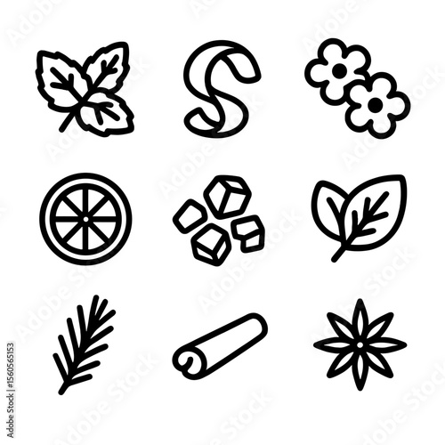 Fruit Infusion Icons. Solid, filled icon set of Fruit infusion garnishes: fresh mint sprig, citrus peel twist, edible flowers,