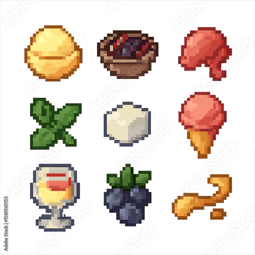 Fruit Dessert Icons. Pixel art icon set of dessert fruit infusions: lemon sorbet, berry compote, fruit coulis, mint sprig, sugar