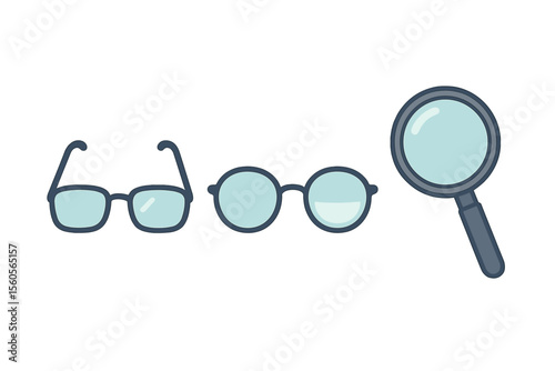 Eyeglasses and magnifying glass illustration on gray background vector icon isolated illustration