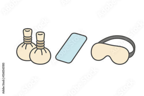 Spa relaxation items with herbal compress, sponge, and eye mask vector icon isolated illustration