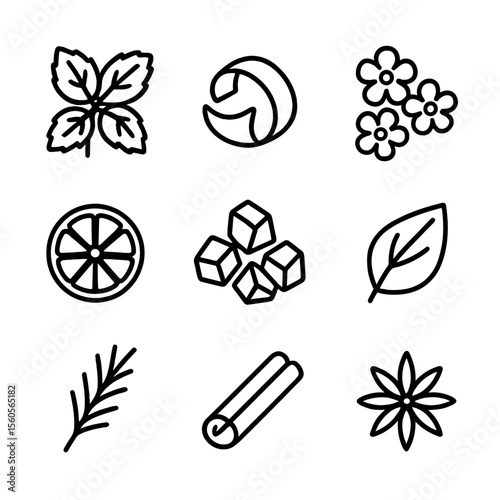 Fruit Infusion Icons. Solid, filled icon set of Fruit infusion garnishes: fresh mint sprig, citrus peel twist, edible flowers,