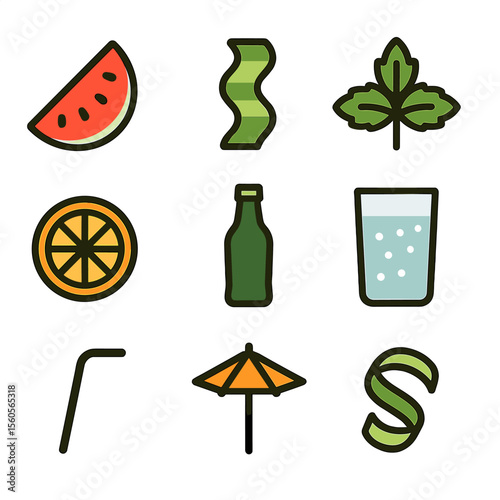 Fruit Mocktail Icons. Flat icon set of fruit-infused mocktails: watermelon wedge, cucumber ribbon, mint sprig, citrus wheel, soda