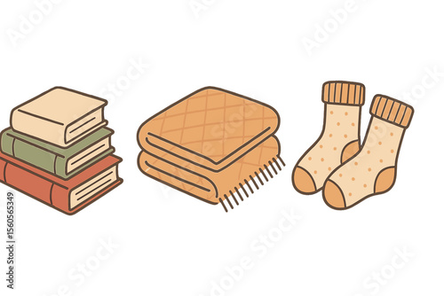 Cozy essentials illustration with books, blanket, and socks vector icon isolated illustration
