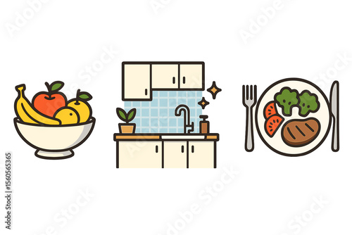 Kitchen utensils and food symbols with fruit bowl, cabinets, and dinner plate vector icon isolated illustration