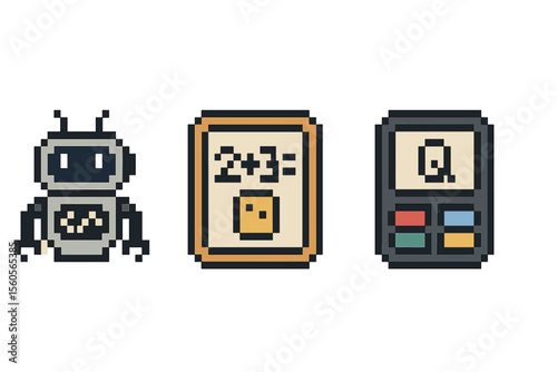 Retro pixel art icons of robot, math board, calculator vector icon isolated illustration