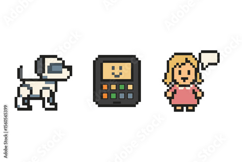 Pixel art robot dog, smartphone, female character with speech bubble vector icon isolated illustration