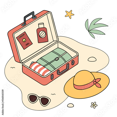 Open suitcase with summer essentials like hat, sunscreen, and sunglasses on a sandy beach scene view