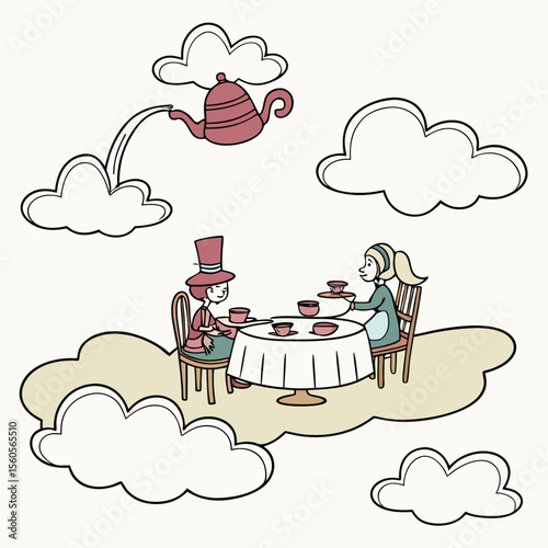Whimsical tea party in the clouds with two girls and a floating teapot in a fantasy setting of clouds