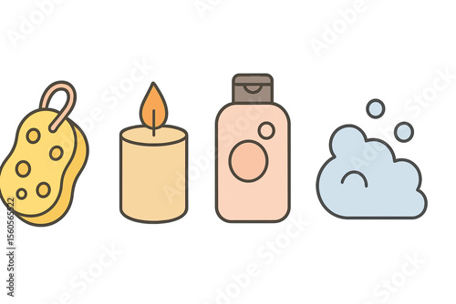 Spa essentials icons - sponge, candle, lotion bottle, bubbles on gradient background vector icon isolated illustration