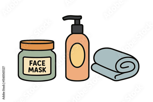 Skincare essentials: face mask, lotion, and towel for self-care routine vector icon isolated illustration
